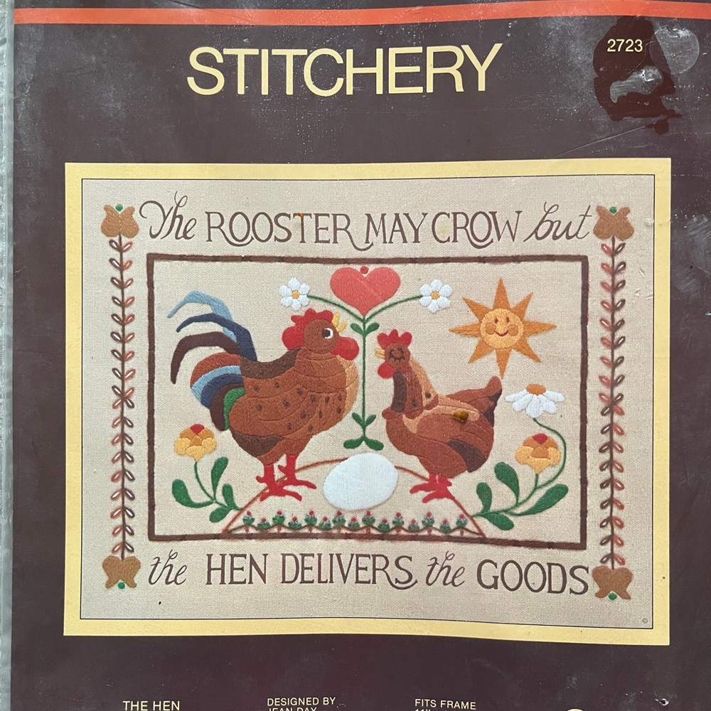 New Sunset Stitchery The Hen Delivers the Goods Crewel Kit 11” x 14”